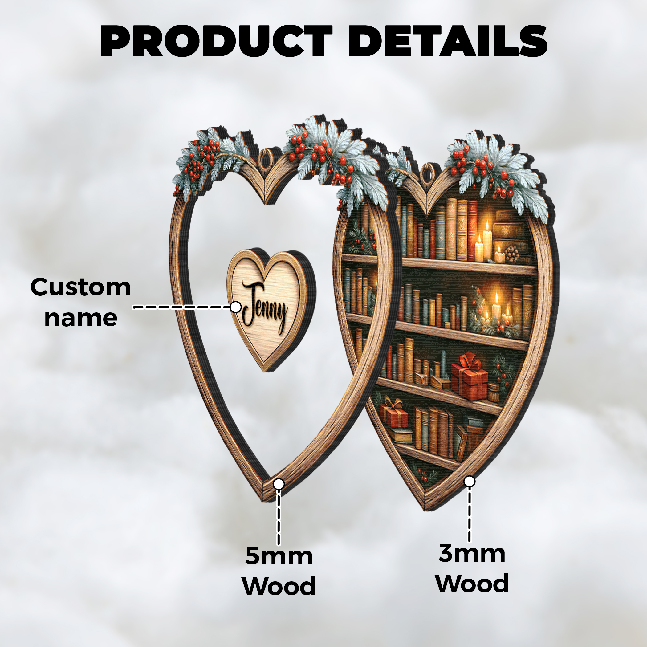 Personalized Name Christmas Heart Shape Wooden Ornament