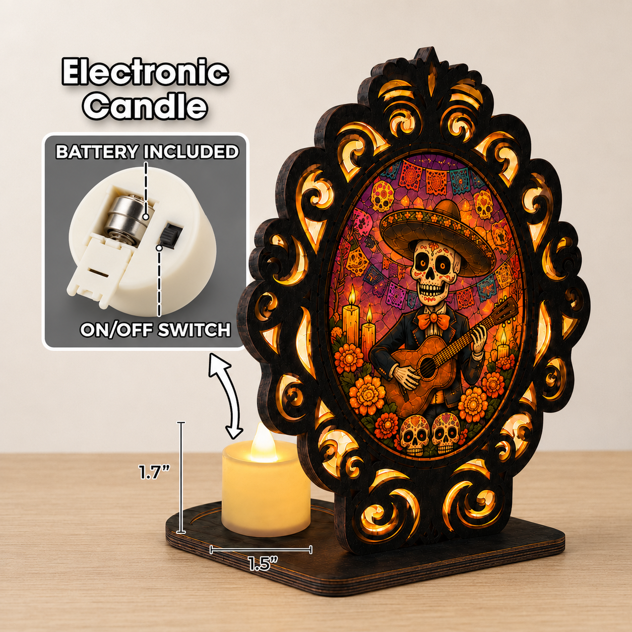 Skeleton-shaped candle holder, wooden and acrylic altar candle lantern.