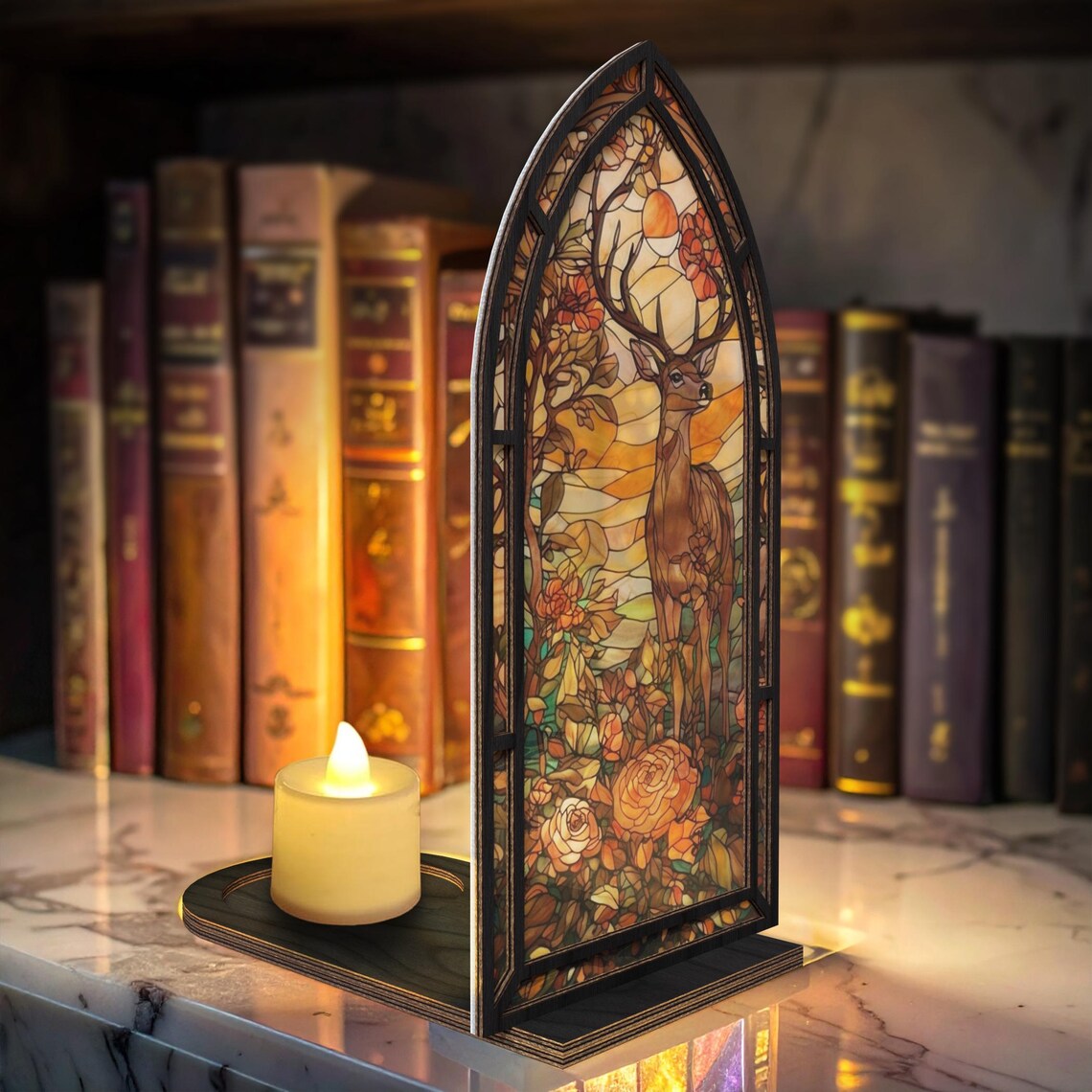Light-up bookshelf insert featuring a dragon-themed window design.