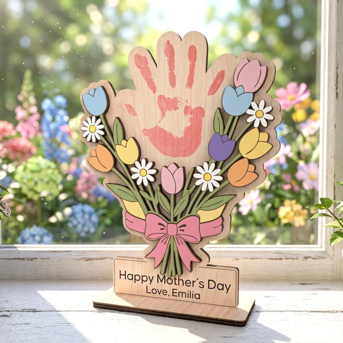 Personalized wooden plaque with a floral design made from fingerprints – a wooden keepsake gift.