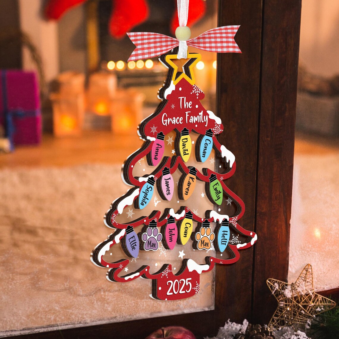 Family Christmas tree ornaments, custom-engraved family ornaments