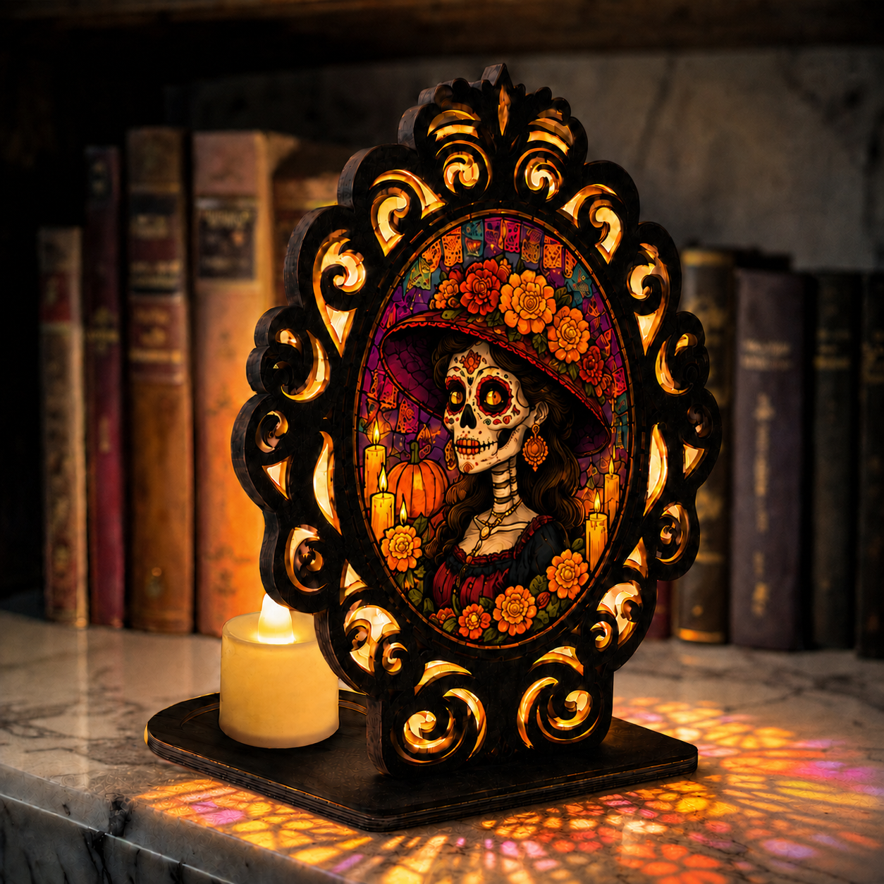 Skeleton-shaped candle holder, wooden and acrylic altar candle lantern.