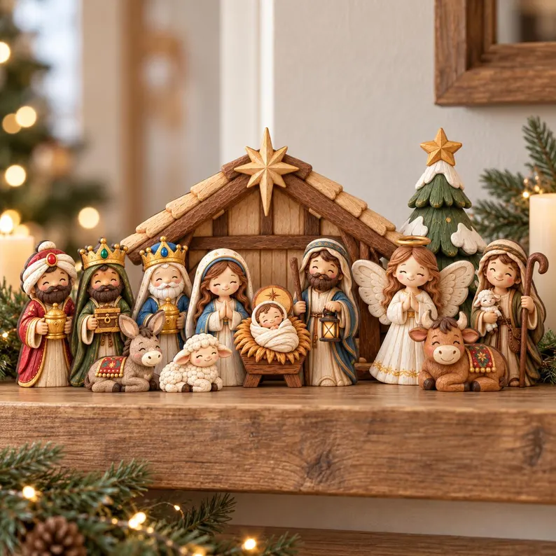 Wooden Nativity Scene Set